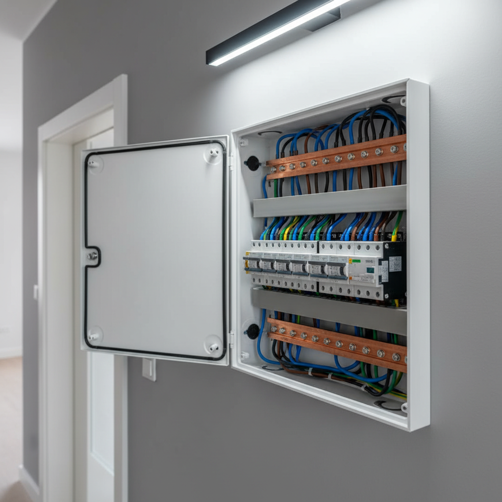 A modern residential electrical panel installation in a bright, freshly renovated hallway. A sleek, light gray metal electrical board with clearly labeled circuit breakers is mounted on a pristine white wall with smooth plaster finish. Nearby, cleanly aligned conduits run vertically, perfectly secured with metallic clips. Soft, diffused daylight enters from an unseen window, creating gentle reflections on the panel’s painted surface and casting crisp, orderly shadows of the conduits. Photographic realism at eye level, with sharp focus on the panel and a slightly blurred background of neutral-toned doors and skirting boards. The atmosphere is professional, safe, and reassuring, ideal to illustrate general electrical services and compliance for a serious, trustworthy business in the Leguevin area.